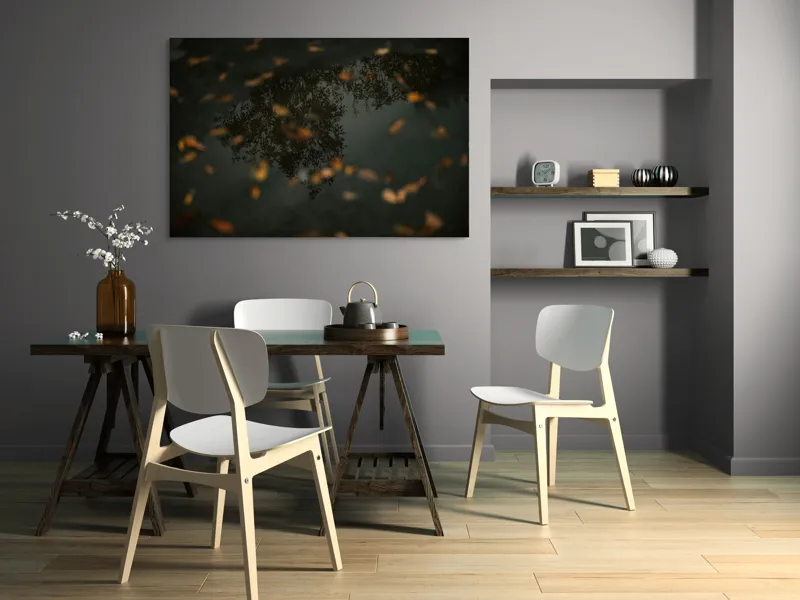 Tablou Canvas, "Reflecția toamnei în apa limpede", Frunze, Reflecție, Apă, Toamnă, Umbre, Natură, Calm, Mister, Melancolie, Întuneric, 150 x 100 cm – poza 5