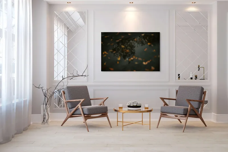 Tablou Canvas, "Reflecția toamnei în apa limpede", Frunze, Reflecție, Apă, Toamnă, Umbre, Natură, Calm, Mister, Melancolie, Întuneric, 150 x 100 cm – poza 7