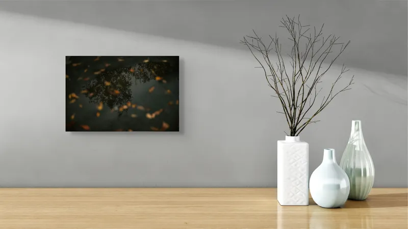 Tablou Canvas, "Reflecția toamnei în apa limpede", Frunze, Reflecție, Apă, Toamnă, Umbre, Natură, Calm, Mister, Melancolie, Întuneric, 39 x 26 cm – poza 8