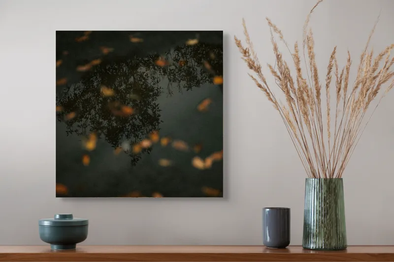 Tablou Canvas, "Reflecția toamnei în apa limpede", Frunze, Reflecție, Apă, Toamnă, Umbre, Natură, Calm, Mister, Melancolie, Întuneric, 50 x 50 cm – poza 4