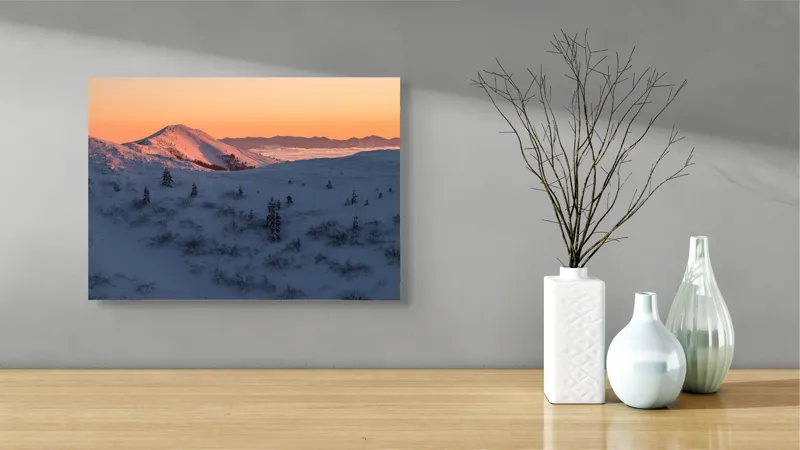 Tablou Canvas, "Liniștea munților în zori de zi", Ninsoare, Apus, Munți, Tăcere, Răsărit, Frig, Tranquilitate, 54 x 39 cm – poza 3