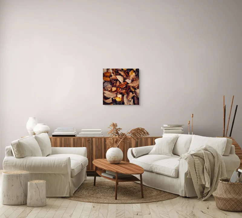 Tablou Canvas, "Ruginiul frunzelor într-un dans tomnatic", Frunze, Toamnă, Pământ, Textură, Ruginiu, Natură, Descompunere, Căldură, Melancolie, Paletă, Contrast, Vegetație, 50 x 50 cm – poza 7