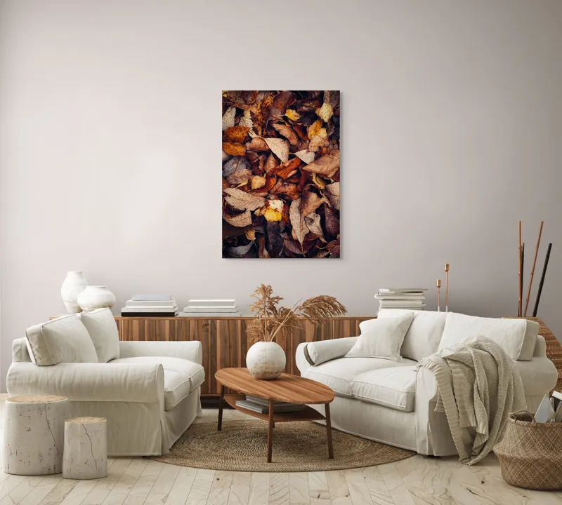 Tablou Canvas, "Ruginiul frunzelor într-un dans tomnatic", Frunze, Toamnă, Pământ, Textură, Ruginiu, Natură, Descompunere, Căldură, Melancolie, Paletă, Contrast, Vegetație, 70 x 100 cm – poza 4