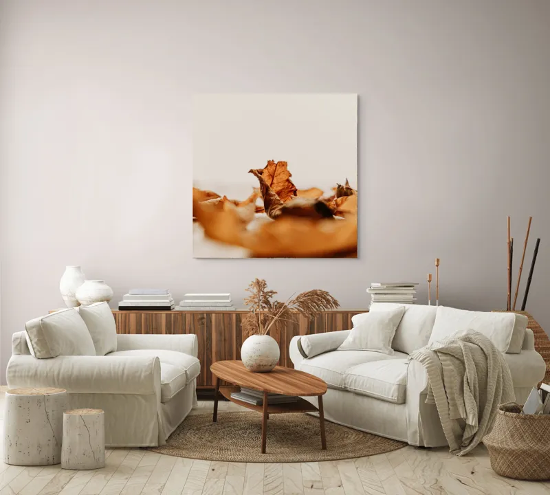 Tablou Canvas, "Foșnetul toamnei în adierea vântului", Frunze, Uscate, Toamnă, Natură, Textură, Delicatețe, Culori, Pământii., 100 x 100 cm – poza 3