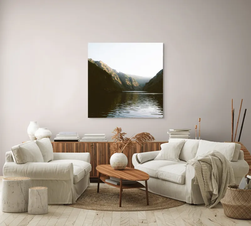 Tablou Canvas, "Reflexia dimineții pe lacul montan", 100 x 100 cm – poza 3