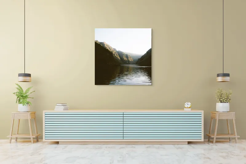 Tablou Canvas, "Reflexia dimineții pe lacul montan", 100 x 100 cm – poza 5