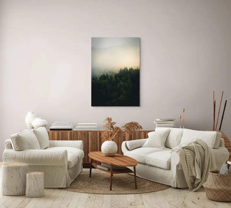 Tablou Canvas, "Misterul unei păduri învăluite în ceață", Pădure, Ceață, Lumină, Mister, Calm, Natură, Verde, Umbre, 70 x 100 cm – poza 4