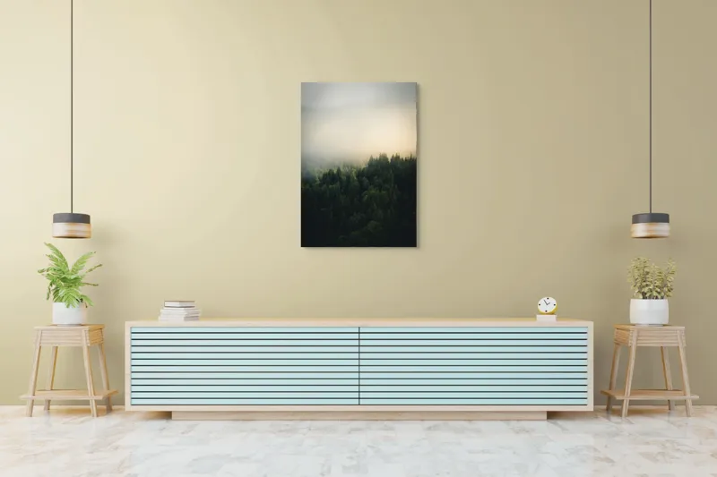 Tablou Canvas, "Misterul unei păduri învăluite în ceață", Pădure, Ceață, Lumină, Mister, Calm, Natură, Verde, Umbre, 70 x 100 cm – poza 5