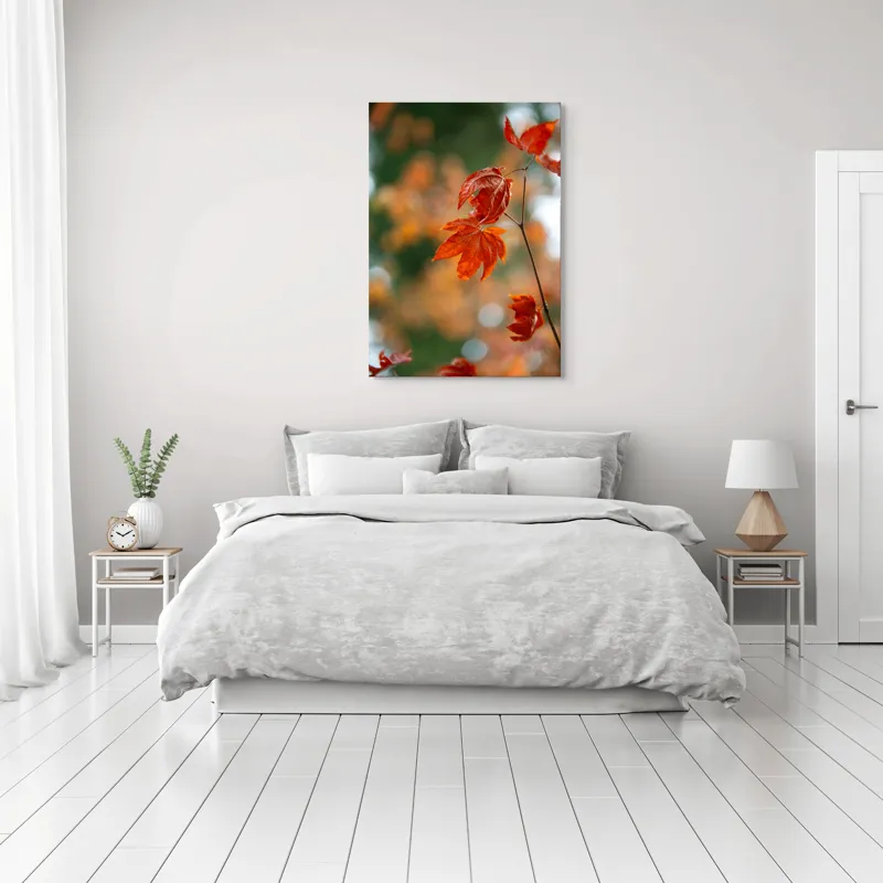 Tablou Canvas, "Frumusețea frunzelor de arțar toamna", Frunziș, Roșu, Toamnă, Natură, Contrast, Lumină, Delicat, Ramură, Bokeh, 70 x 100 cm – poza 3