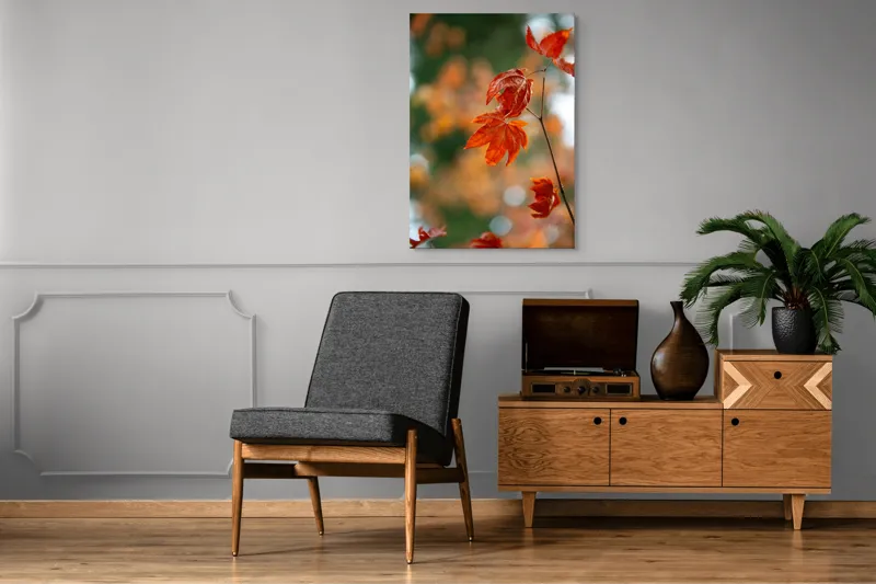 Tablou Canvas, "Frumusețea frunzelor de arțar toamna", Frunziș, Roșu, Toamnă, Natură, Contrast, Lumină, Delicat, Ramură, Bokeh, 70 x 100 cm – poza 6
