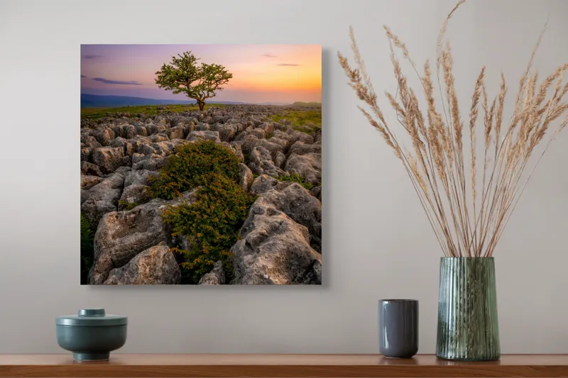 Tablou Canvas, "Copacul singuratic pe stânci aspre", Copac, Solitar, Roci, Apus, Cer, Colorat, Natură, Contrast, Tranquilitate, 50 x 50 cm – poza 4