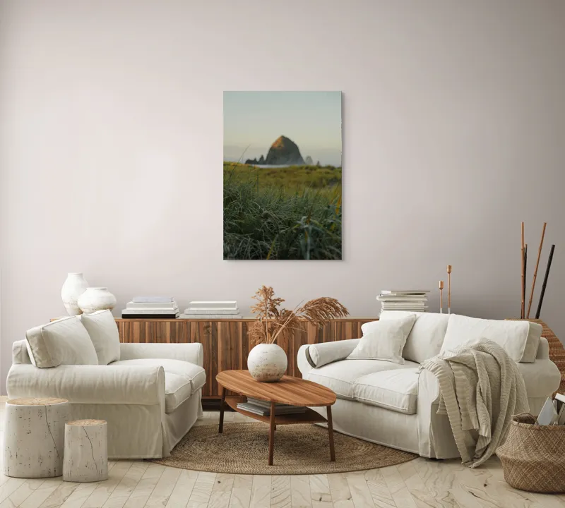 Tablou Canvas, "Răsărit liniștitor peste stânca solitară", Iarbă, Stâncă, Apus, Natură, Tranquilitate, Vedere, Peisaj., 70 x 100 cm – poza 4