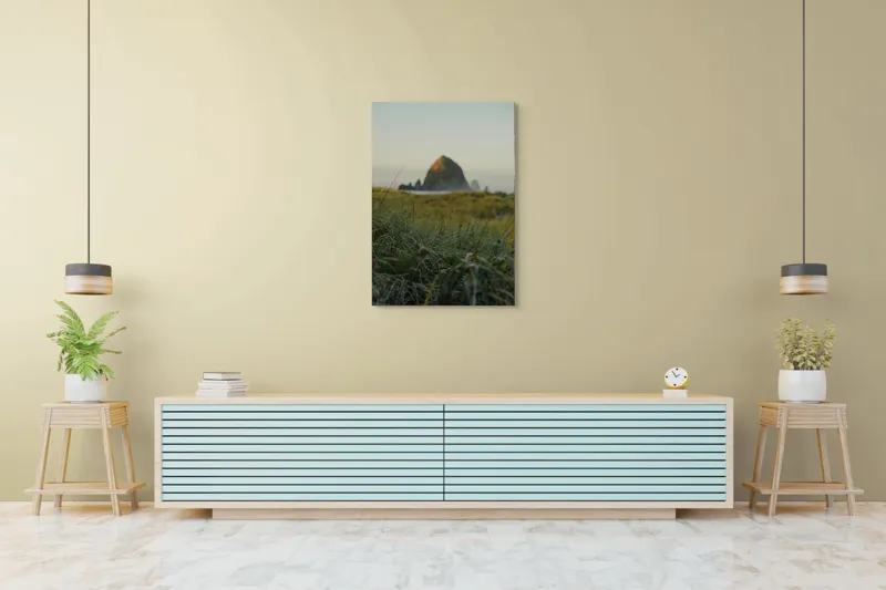 Tablou Canvas, "Răsărit liniștitor peste stânca solitară", Iarbă, Stâncă, Apus, Natură, Tranquilitate, Vedere, Peisaj., 70 x 100 cm – poza 5