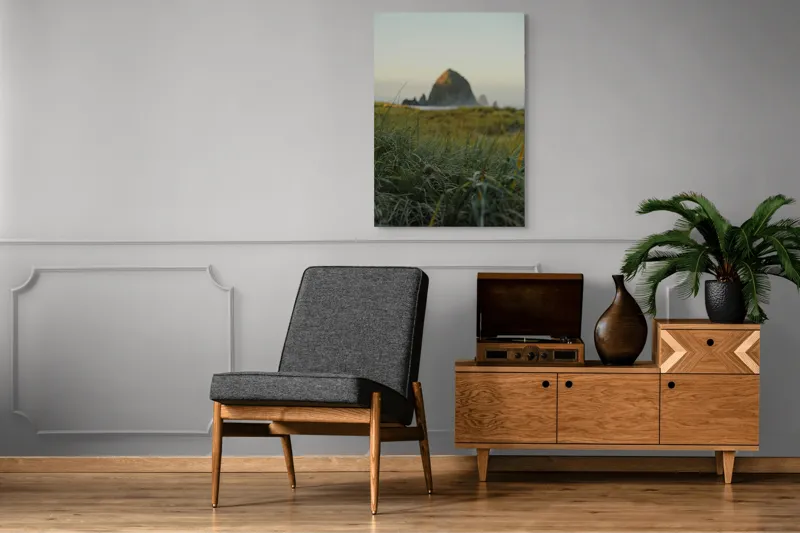 Tablou Canvas, "Răsărit liniștitor peste stânca solitară", Iarbă, Stâncă, Apus, Natură, Tranquilitate, Vedere, Peisaj., 70 x 100 cm – poza 6