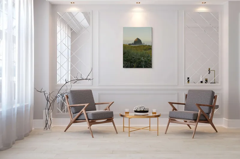 Tablou Canvas, "Răsărit liniștitor peste stânca solitară", Iarbă, Stâncă, Apus, Natură, Tranquilitate, Vedere, Peisaj., 70 x 100 cm – poza 8