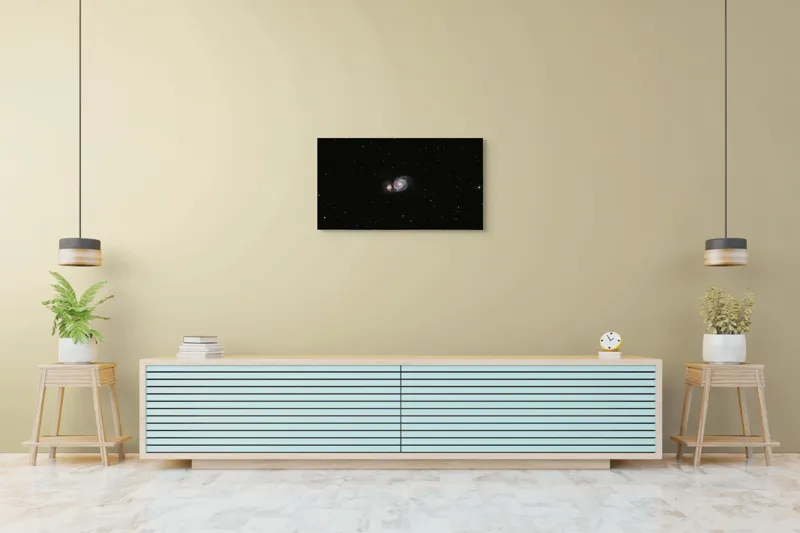 Tablou Canvas, "Îmbrățișarea cosmică a galaxiilor spirale", Spirale, Galaxie, Stele, Univers, Mister, Infinit, Lumini, Spatiu, Distanta, Frumusete, 90 x 50 cm – poza 5