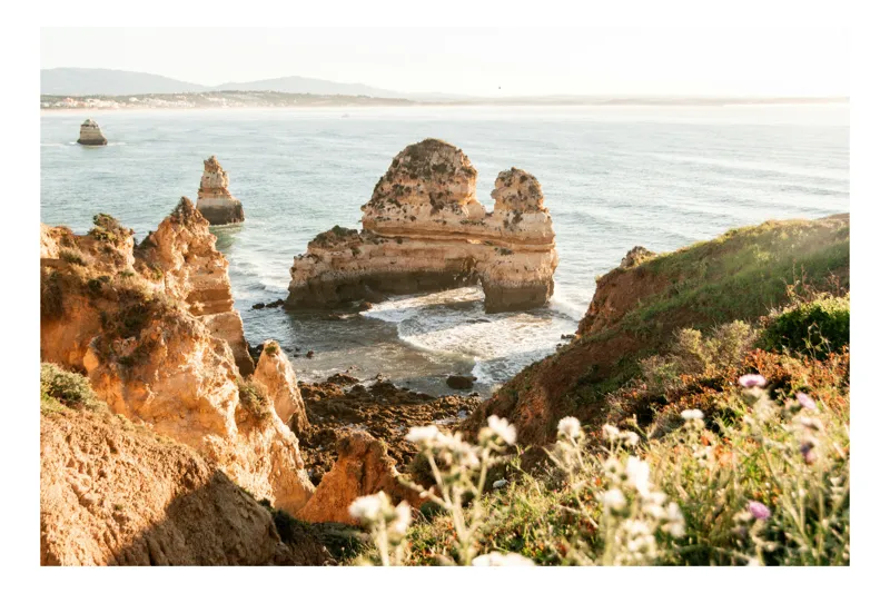 Tablou Canvas, "Stâncile răsunătoare ale oceanului liniștit", Cliffuri, Ocean, Stânci, Apus, Vegetație, Cer, Peisaj, Natură, Valuri, Puncte, Relaxare, Aventură, 100 x 100 cm