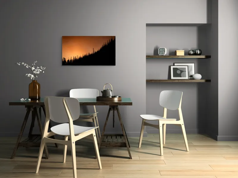 Tablou Canvas, "Apus tainic deasupra pădurii întunecate", Pădure, Siluetă, Apus, Cer, Portocaliu, Umbre, Linie, Orizont, Contrast, Natură, 90 x 50 cm – poza 3