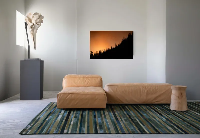 Tablou Canvas, "Apus tainic deasupra pădurii întunecate", Pădure, Siluetă, Apus, Cer, Portocaliu, Umbre, Linie, Orizont, Contrast, Natură, 90 x 50 cm – poza 8