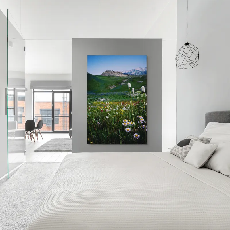 Tablou Canvas, "Poienița înflorită la poalele muntelui", Flori, Munte, Cer, Verdeață, Natură, Peisaj, Vară, Frumusețe, Serenitate, Culori, Întindere, Sălbăticie, Tranquilitate, Vitalitate, 100 x 150 cm – poza 5