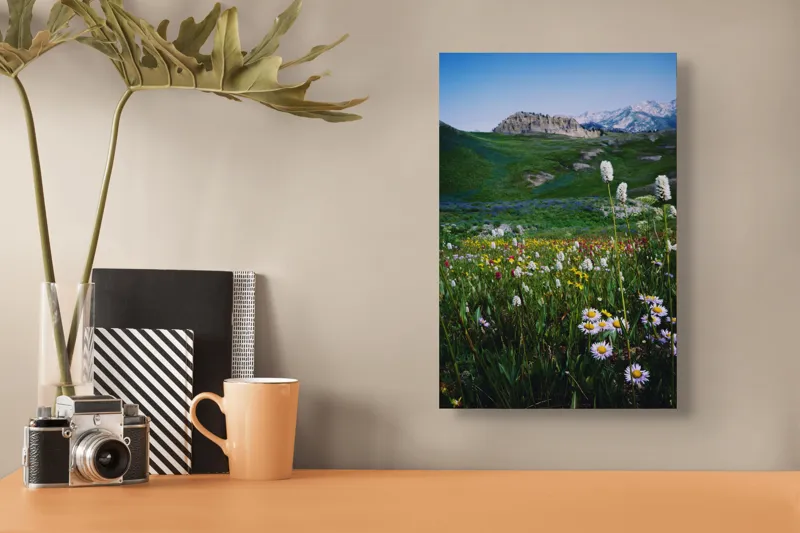 Tablou Canvas, "Poienița înflorită la poalele muntelui", Flori, Munte, Cer, Verdeață, Natură, Peisaj, Vară, Frumusețe, Serenitate, Culori, Întindere, Sălbăticie, Tranquilitate, Vitalitate, 26 x 39 cm – poza 3