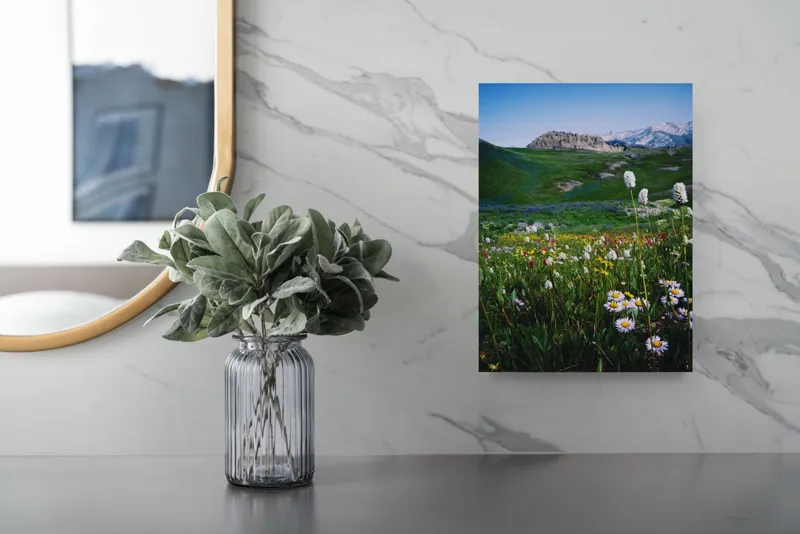 Tablou Canvas, "Poienița înflorită la poalele muntelui", Flori, Munte, Cer, Verdeață, Natură, Peisaj, Vară, Frumusețe, Serenitate, Culori, Întindere, Sălbăticie, Tranquilitate, Vitalitate, 26 x 39 cm – poza 4
