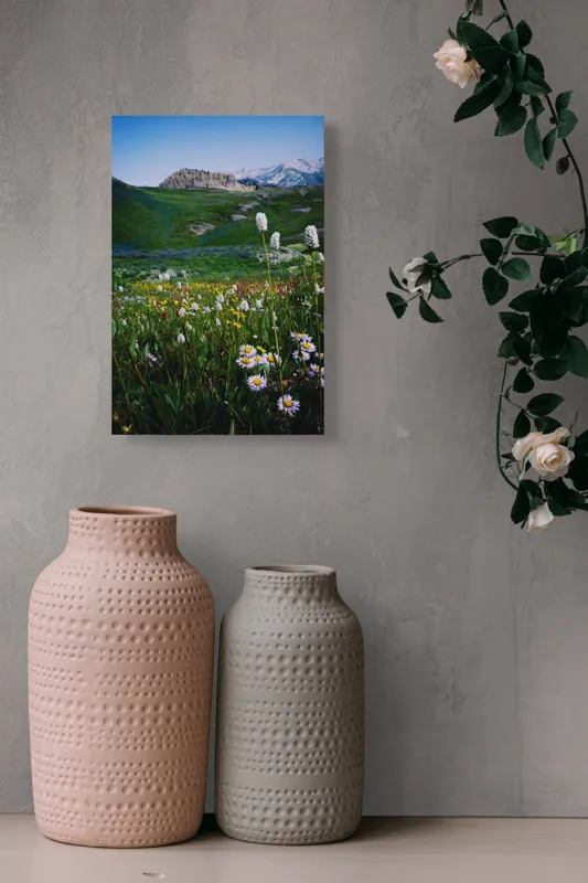 Tablou Canvas, "Poienița înflorită la poalele muntelui", Flori, Munte, Cer, Verdeață, Natură, Peisaj, Vară, Frumusețe, Serenitate, Culori, Întindere, Sălbăticie, Tranquilitate, Vitalitate, 26 x 39 cm – poza 6