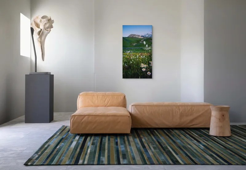 Tablou Canvas, "Poienița înflorită la poalele muntelui", Flori, Munte, Cer, Verdeață, Natură, Peisaj, Vară, Frumusețe, Serenitate, Culori, Întindere, Sălbăticie, Tranquilitate, Vitalitate, 50 x 90 cm – poza 5