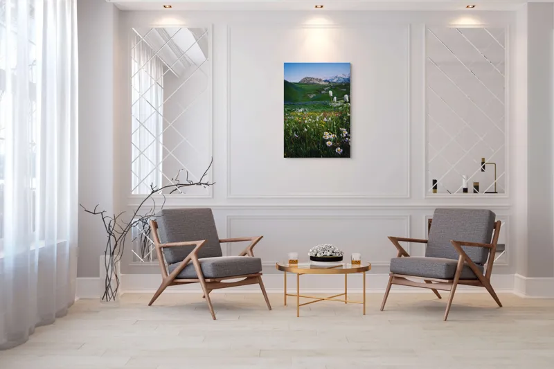 Tablou Canvas, "Poienița înflorită la poalele muntelui", Flori, Munte, Cer, Verdeață, Natură, Peisaj, Vară, Frumusețe, Serenitate, Culori, Întindere, Sălbăticie, Tranquilitate, Vitalitate, 70 x 100 cm – poza 8