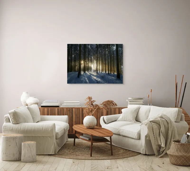 Tablou Canvas, "Lumina dimineții în pădurea de iarnă", Copaci, Lumină, Umbre, Zăpadă, Pădure, Răsărit, Tranquilitate, Natură, 100 x 70 cm – poza 3