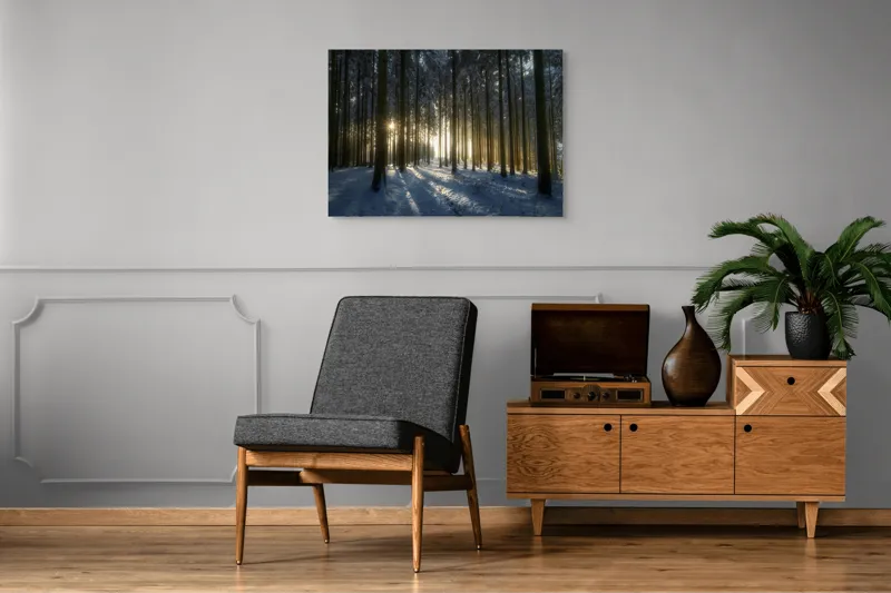 Tablou Canvas, "Lumina dimineții în pădurea de iarnă", Copaci, Lumină, Umbre, Zăpadă, Pădure, Răsărit, Tranquilitate, Natură, 100 x 70 cm – poza 8