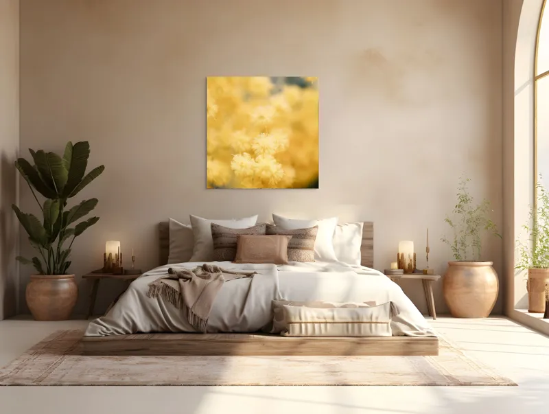 Tablou Canvas, "Mângâierea florilor de mimoză aurie", Flori, Galbene, Puf, Delicate, Moale, Blânde, Naturele, Inundante, Strălucitoare, Calme, 100 x 100 cm – poza 4