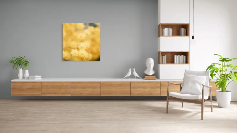 Tablou Canvas, "Mângâierea florilor de mimoză aurie", Flori, Galbene, Puf, Delicate, Moale, Blânde, Naturele, Inundante, Strălucitoare, Calme, 100 x 100 cm – poza 8