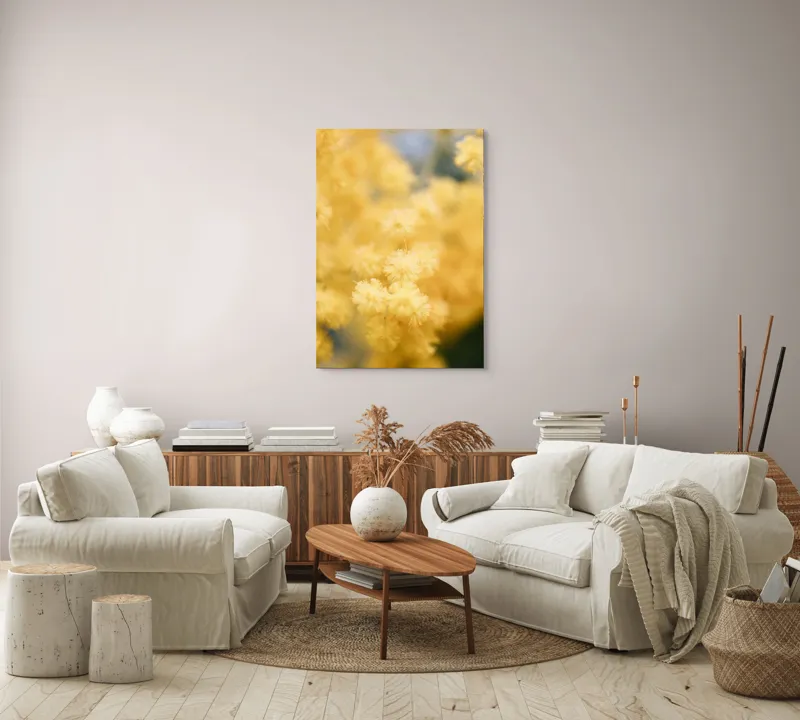 Tablou Canvas, "Mângâierea florilor de mimoză aurie", Flori, Galbene, Puf, Delicate, Moale, Blânde, Naturele, Inundante, Strălucitoare, Calme, 70 x 100 cm – poza 4