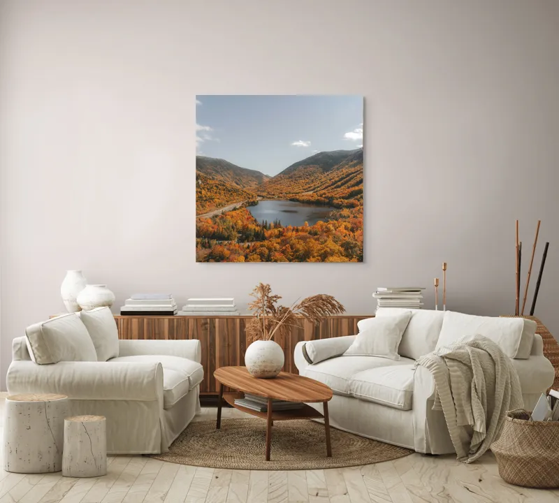 Tablou Canvas, "Tărâm de basm în culorile toamnei", Frunziș, Munți, Lac, Toamnă, Peisaj, Cer, Drumeție, Natură, 100 x 100 cm – poza 3