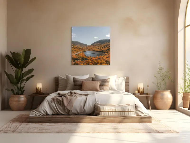 Tablou Canvas, "Tărâm de basm în culorile toamnei", Frunziș, Munți, Lac, Toamnă, Peisaj, Cer, Drumeție, Natură, 100 x 100 cm – poza 4