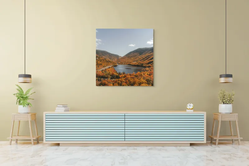 Tablou Canvas, "Tărâm de basm în culorile toamnei", Frunziș, Munți, Lac, Toamnă, Peisaj, Cer, Drumeție, Natură, 100 x 100 cm – poza 5