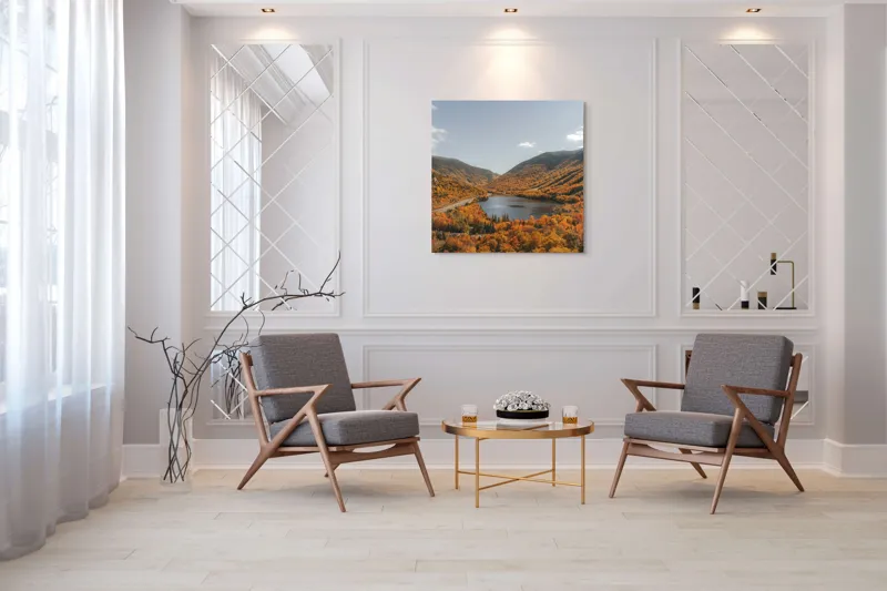 Tablou Canvas, "Tărâm de basm în culorile toamnei", Frunziș, Munți, Lac, Toamnă, Peisaj, Cer, Drumeție, Natură, 100 x 100 cm – poza 7