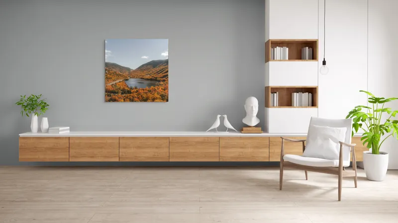 Tablou Canvas, "Tărâm de basm în culorile toamnei", Frunziș, Munți, Lac, Toamnă, Peisaj, Cer, Drumeție, Natură, 100 x 100 cm – poza 8