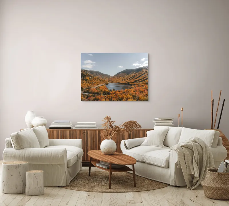 Tablou Canvas, "Tărâm de basm în culorile toamnei", Frunziș, Munți, Lac, Toamnă, Peisaj, Cer, Drumeție, Natură, 100 x 70 cm – poza 3