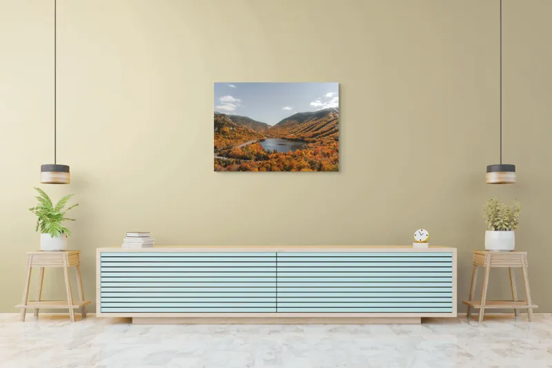 Tablou Canvas, "Tărâm de basm în culorile toamnei", Frunziș, Munți, Lac, Toamnă, Peisaj, Cer, Drumeție, Natură, 100 x 70 cm – poza 4