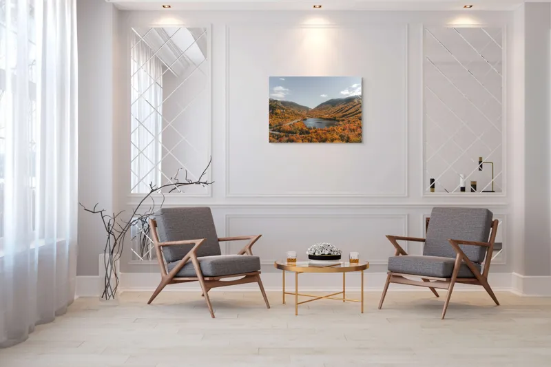Tablou Canvas, "Tărâm de basm în culorile toamnei", Frunziș, Munți, Lac, Toamnă, Peisaj, Cer, Drumeție, Natură, 100 x 70 cm – poza 5