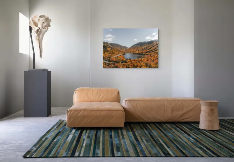 Tablou Canvas, "Tărâm de basm în culorile toamnei", Frunziș, Munți, Lac, Toamnă, Peisaj, Cer, Drumeție, Natură, 100 x 70 cm – poza 7
