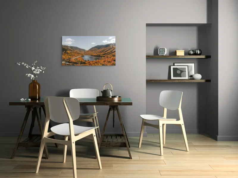 Tablou Canvas, "Tărâm de basm în culorile toamnei", Frunziș, Munți, Lac, Toamnă, Peisaj, Cer, Drumeție, Natură, 90 x 50 cm – poza 3