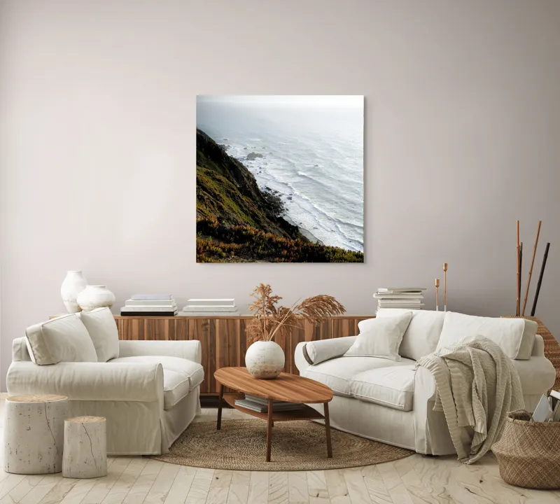 Tablou Canvas, "Stânci și valuri la apusul soarelui", Ocean, Stânci, Valuri, Cer, Vegetație, 100 x 100 cm – poza 3