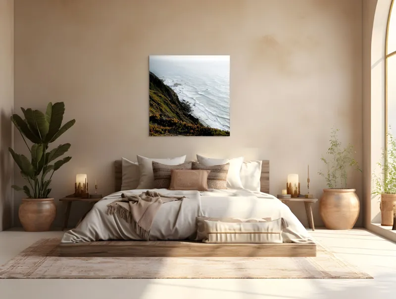Tablou Canvas, "Stânci și valuri la apusul soarelui", Ocean, Stânci, Valuri, Cer, Vegetație, 100 x 100 cm – poza 4