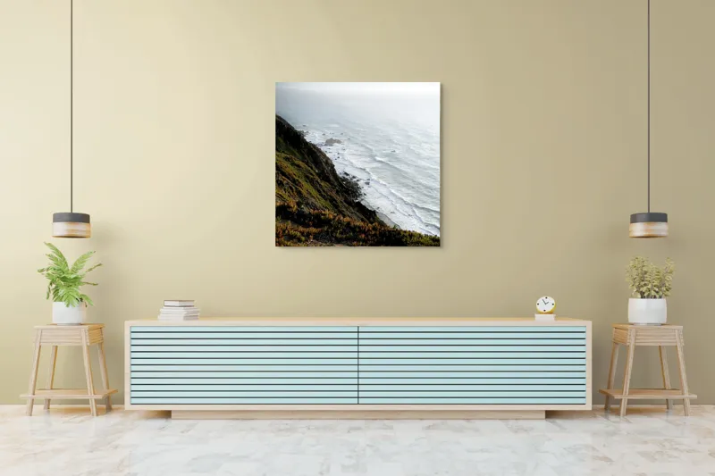 Tablou Canvas, "Stânci și valuri la apusul soarelui", Ocean, Stânci, Valuri, Cer, Vegetație, 100 x 100 cm – poza 5