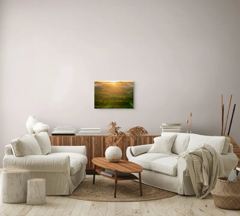 Tablou Canvas, "Răsărit peste colinele verzi", Apus, Dealuri, Lumina, Verdeață, Peisaj, Natură, Pitoresc, Tranquilitate, Frumusețe, Serenitate, 54 x 39 cm – poza 5