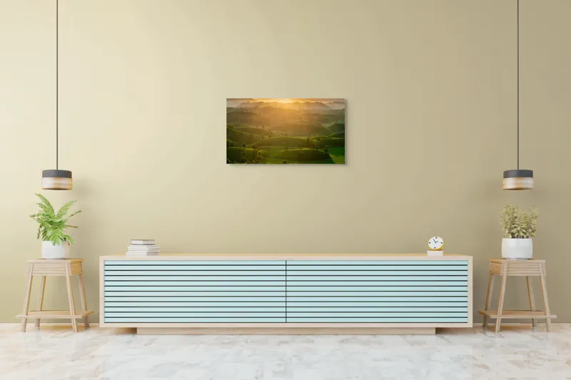 Tablou Canvas, "Răsărit peste colinele verzi", Apus, Dealuri, Lumina, Verdeață, Peisaj, Natură, Pitoresc, Tranquilitate, Frumusețe, Serenitate, 90 x 50 cm – poza 5