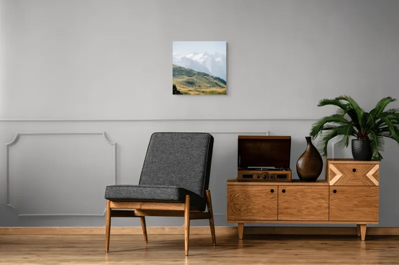 Tablou Canvas, "Peisaj montan sub cer senin", Munți, Vârfuri, Zăpadă, Întinderi, Vegetație, Coline, Cer Albăstrui, 50 x 50 cm – poza 6